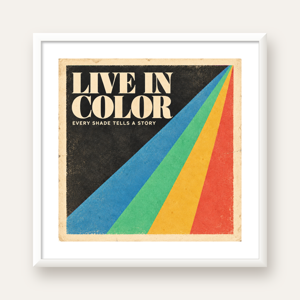 Retro Renkli Geometrik 'Live In Color' Poster Baskısı — beyaz çerçeveli kare poster