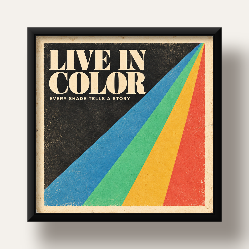 Retro Renkli Geometrik 'Live In Color' Poster Baskısı — siyah derin çerçeveli