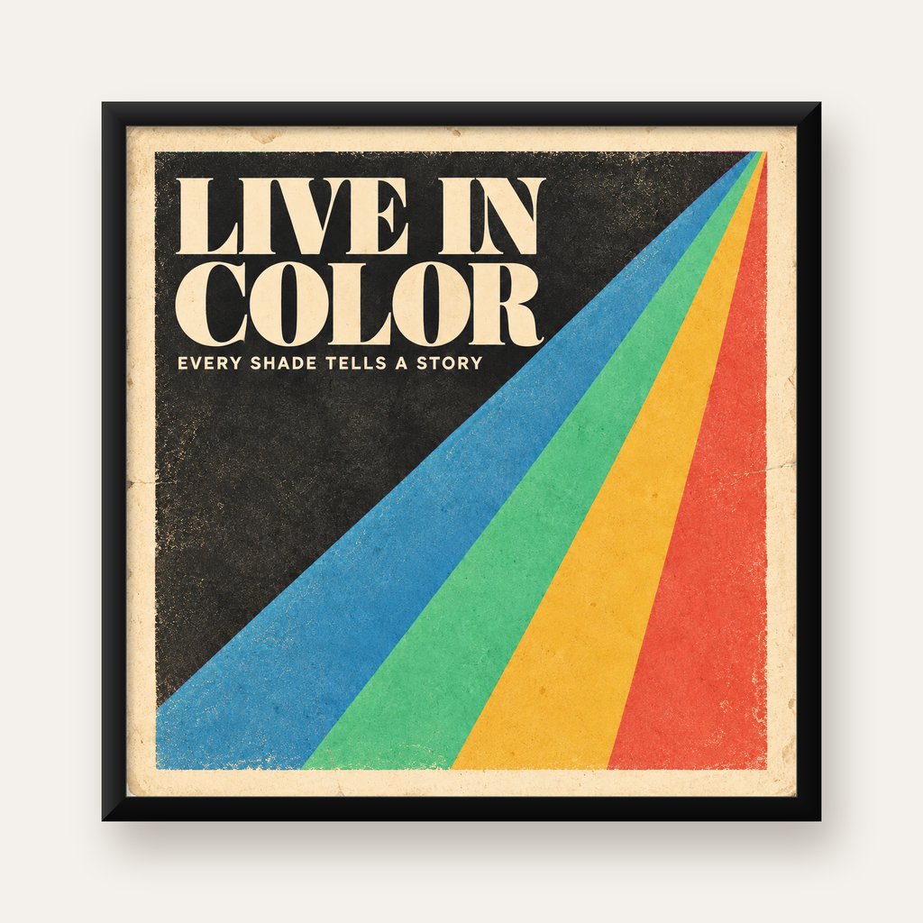 Retro Renkli Geometrik 'Live In Color' Poster Baskısı — Kare baskı, düz siyah çerçeveli duvar posteri