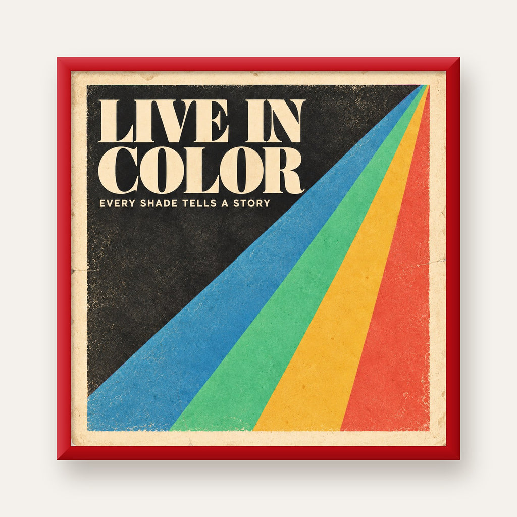 Retro Renkli Geometrik 'Live In Color' Poster Baskısı — kırmızı çerçeveli