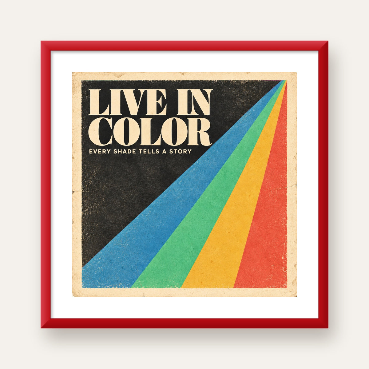 Retro Renkli Geometrik 'Live In Color' Poster Baskısı — kırmızı çerçeveli paspartulu