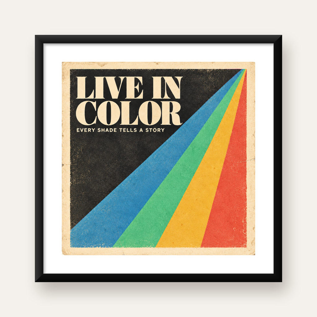 Retro Renkli Geometrik 'Live In Color' Poster Baskısı — Kare baskı, beyaz paspartulu