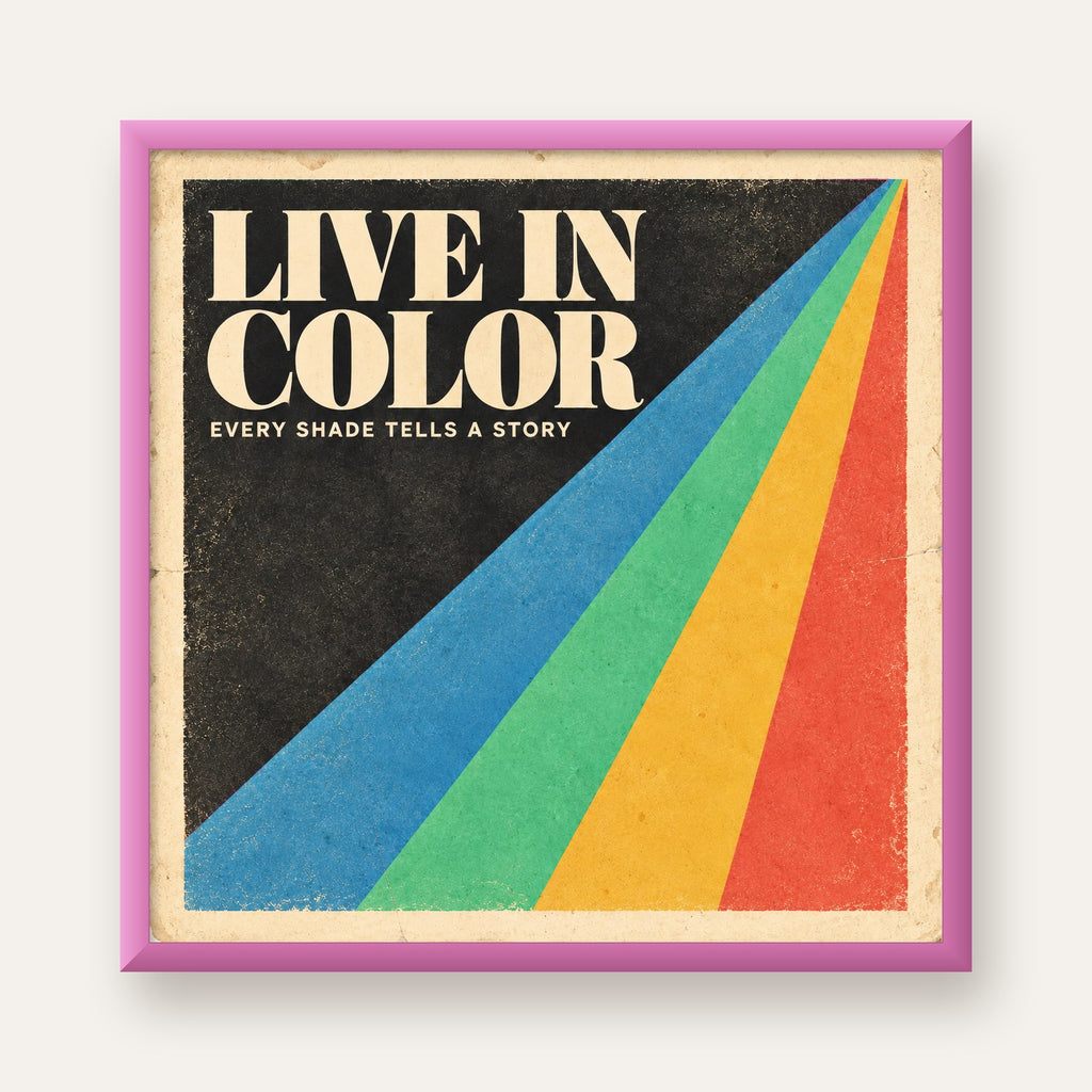 Retro Renkli Geometrik 'Live In Color' Poster Baskısı — pembe çerçeveli