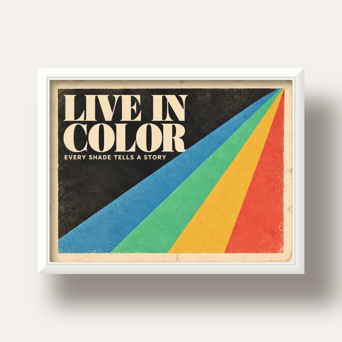 Retro Renkli Geometrik 'Live In Color' Poster Baskısı — beyaz derin çerçeveli