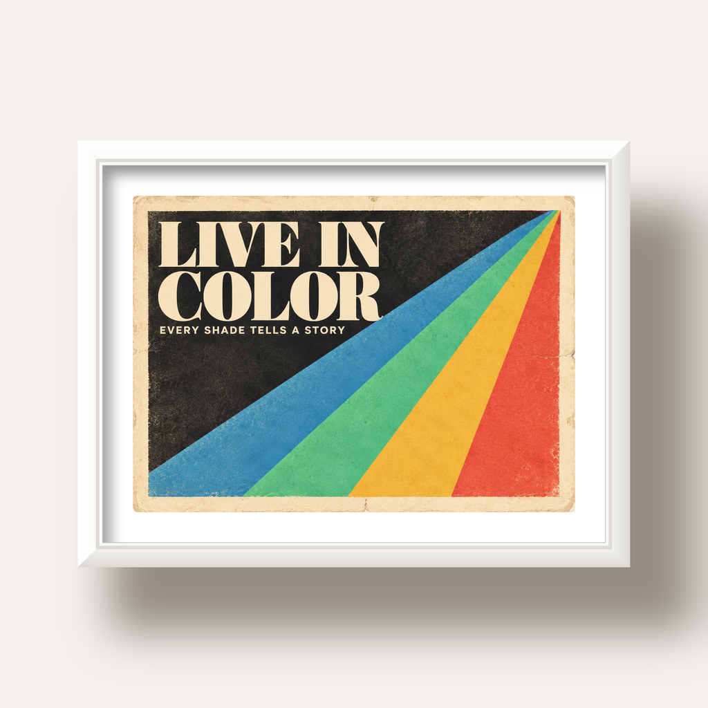 Retro Renkli Geometrik 'Live In Color' Poster Baskısı — beyaz derin çerçeveli paspartulu
