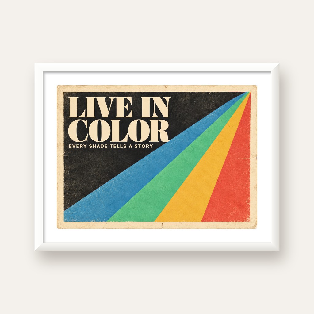 Retro Renkli Geometrik 'Live In Color' Poster Baskısı — beyaz çerçeveli yatay poster