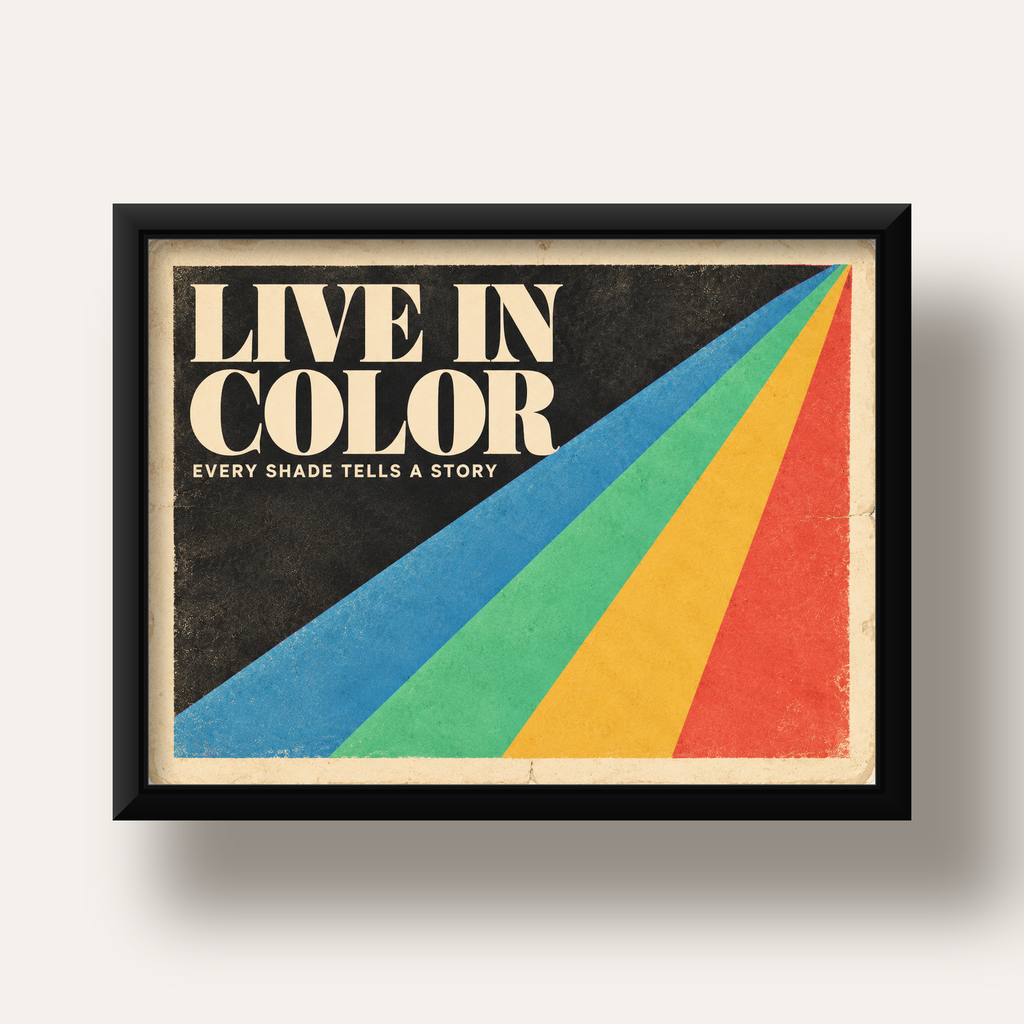 Retro Renkli Geometrik 'Live In Color' Poster Baskısı — siyah derin çerçeveli