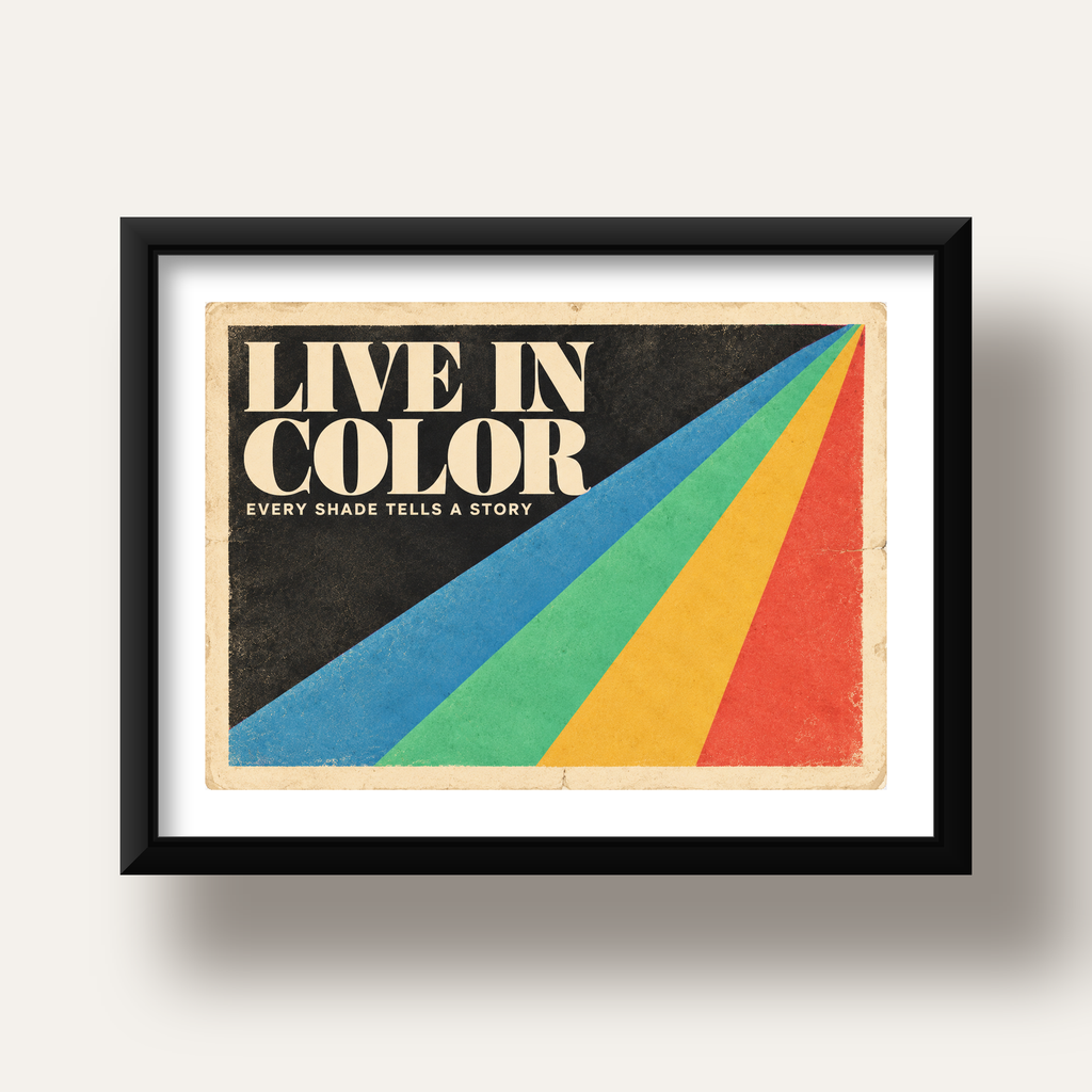 Retro Renkli Geometrik 'Live In Color' Poster Baskısı — siyah derin çerçeveli paspartulu