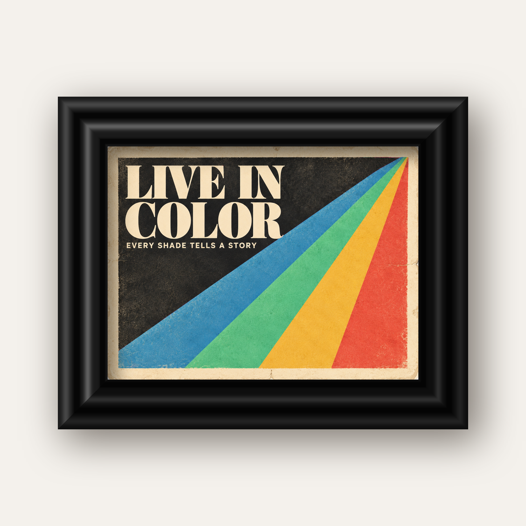 Retro Renkli Geometrik 'Live In Color' Poster Baskısı — siyah galeri çerçeveli