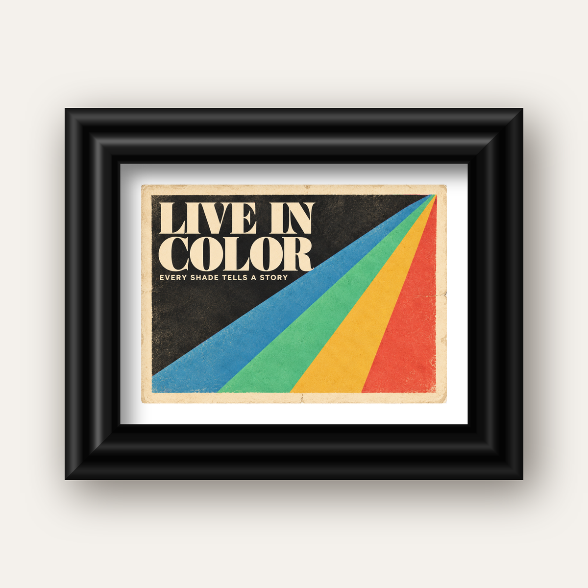 Retro Renkli Geometrik 'Live In Color' Poster Baskısı — siyah galeri çerçeveli paspartulu