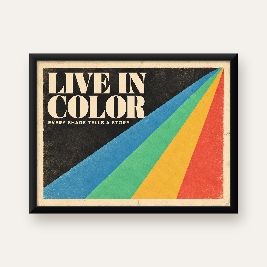 Retro Renkli Geometrik 'Live In Color' Poster Baskısı — Yatay baskı, düz siyah çerçeveli duvar posteri