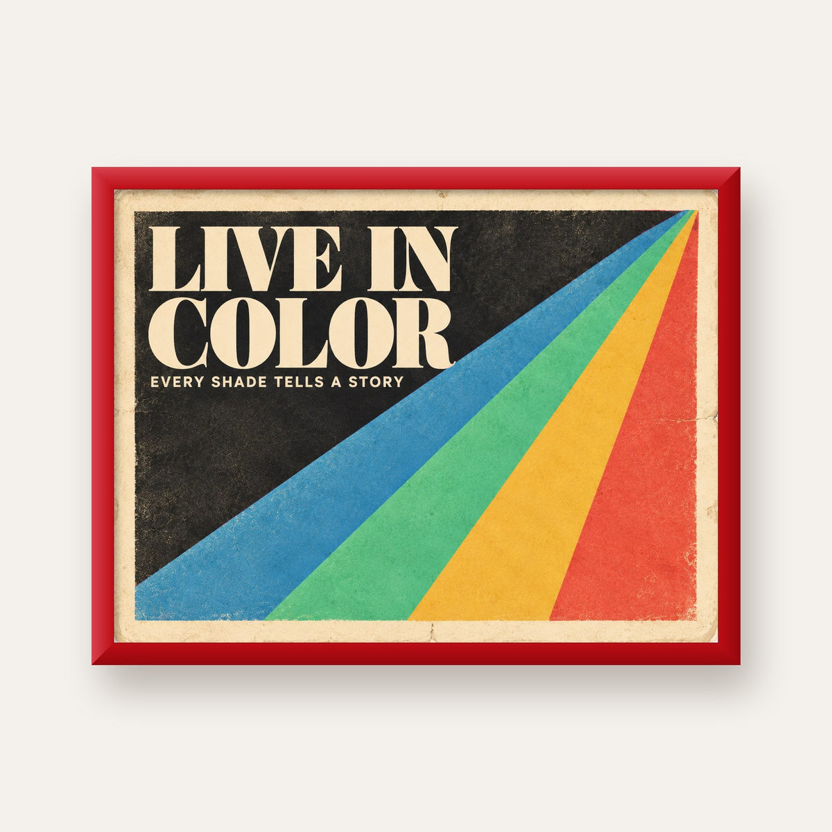 Retro Renkli Geometrik 'Live In Color' Poster Baskısı — kırmızı çerçeveli