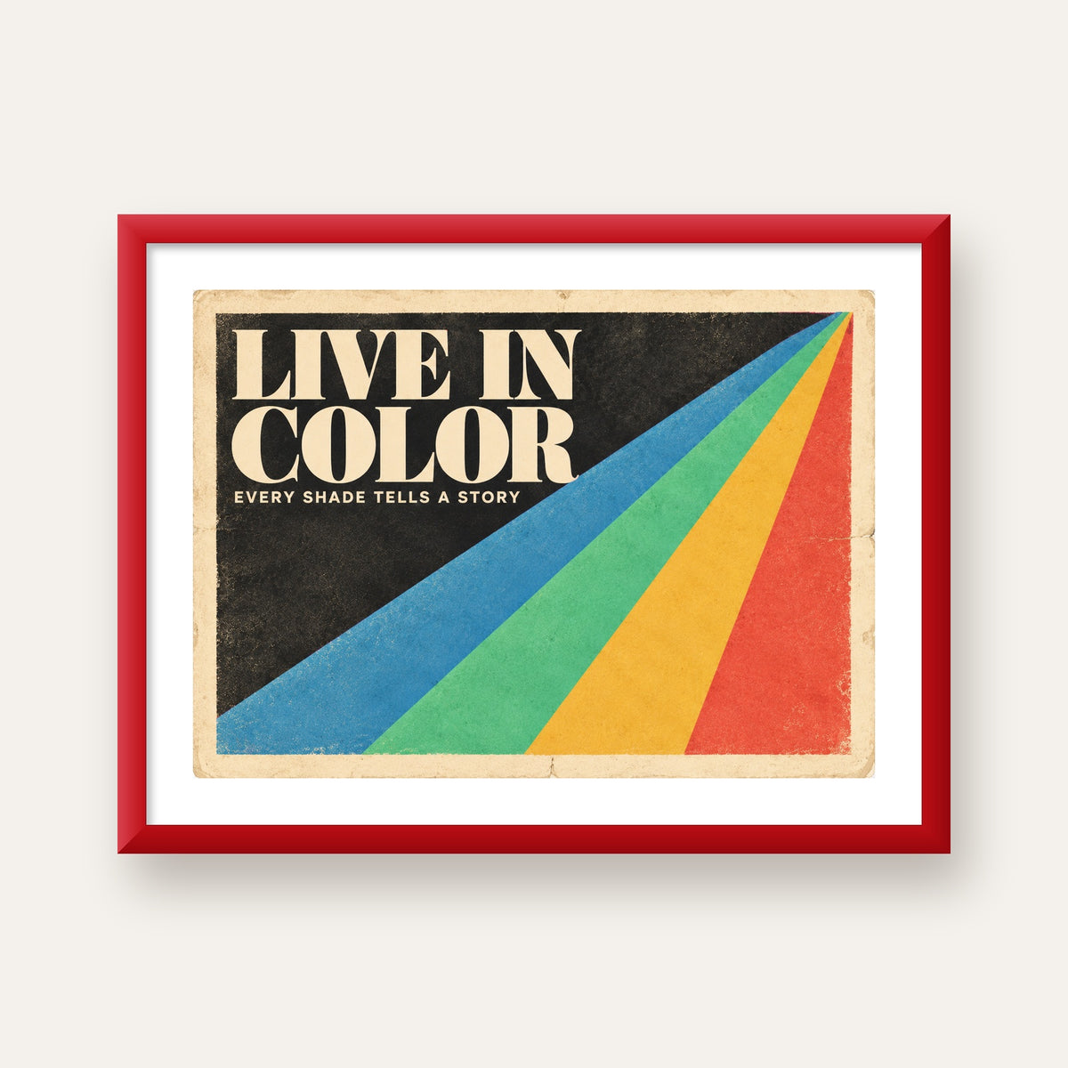 Retro Renkli Geometrik 'Live In Color' Poster Baskısı — kırmızı çerçeveli paspartulu