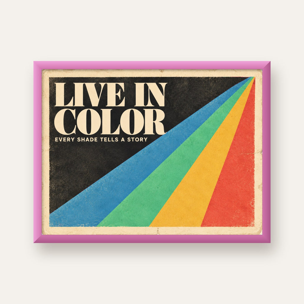 Retro Renkli Geometrik 'Live In Color' Poster Baskısı — pembe çerçeveli