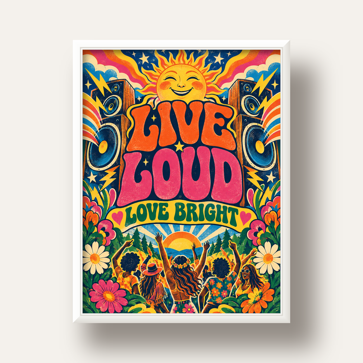 Renkli Festival ve Müzik Posteri – Retro Enerjik Duvar Dekoru — beyaz derin çerçeveli