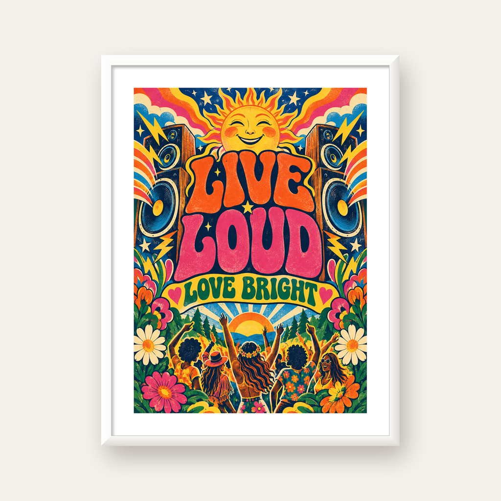 Renkli Festival ve Müzik Posteri – Retro Enerjik Duvar Dekoru — beyaz çerçeveli dikey poster