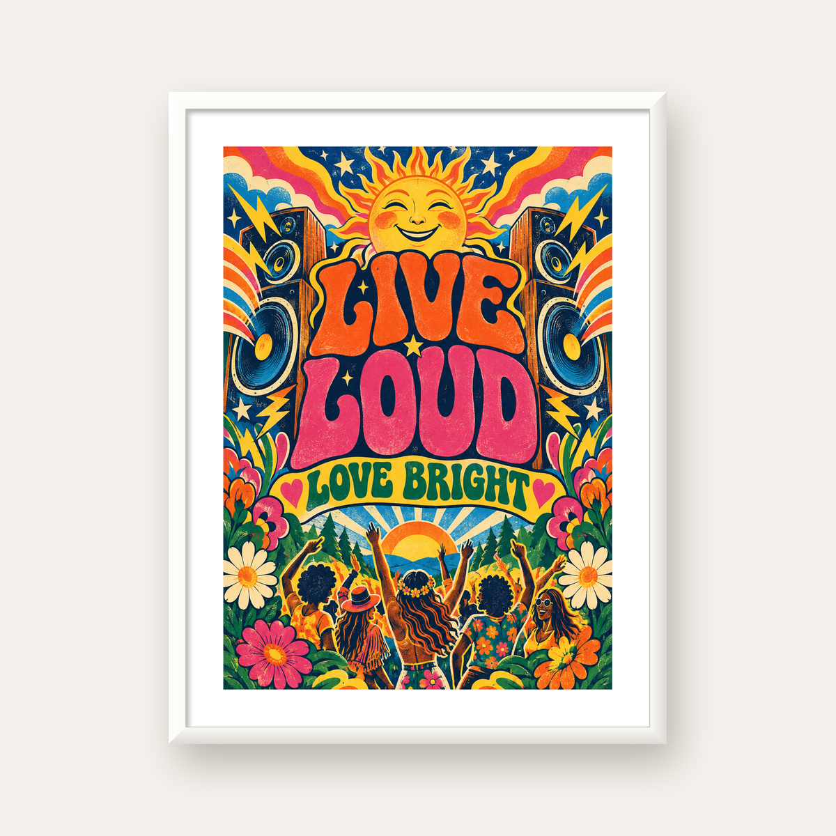 Renkli Festival ve Müzik Posteri – Retro Enerjik Duvar Dekoru — beyaz çerçeveli dikey poster