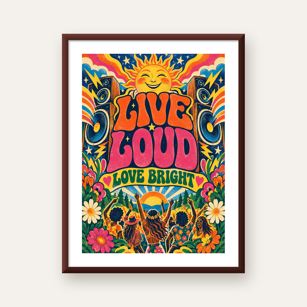 Renkli Festival ve Müzik Posteri – Retro Enerjik Duvar Dekoru — ceviz çerçeveli paspartulu