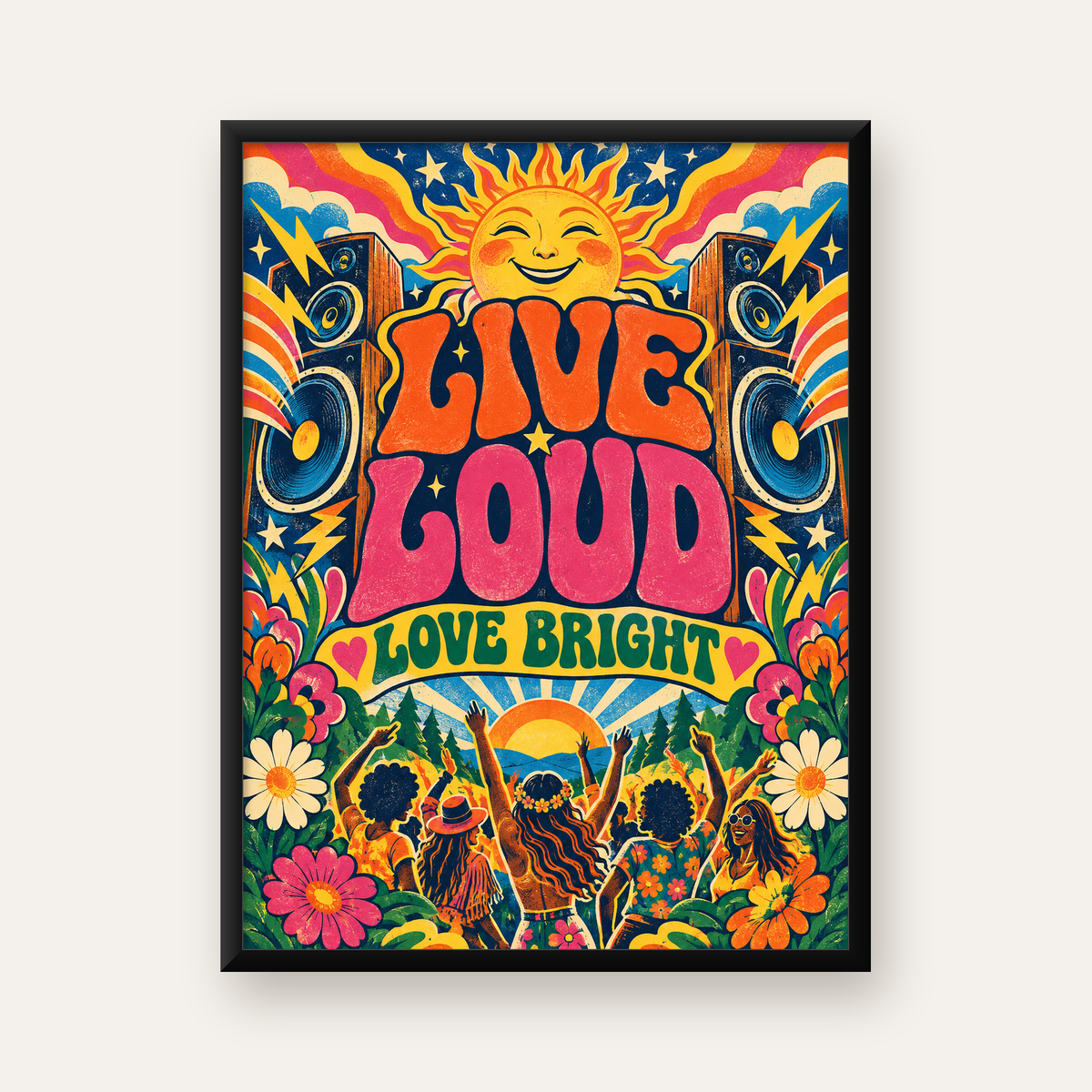 Renkli Festival ve Müzik Posteri – Retro Enerjik Duvar Dekoru — Dikey baskı, düz siyah çerçeveli duvar posteri