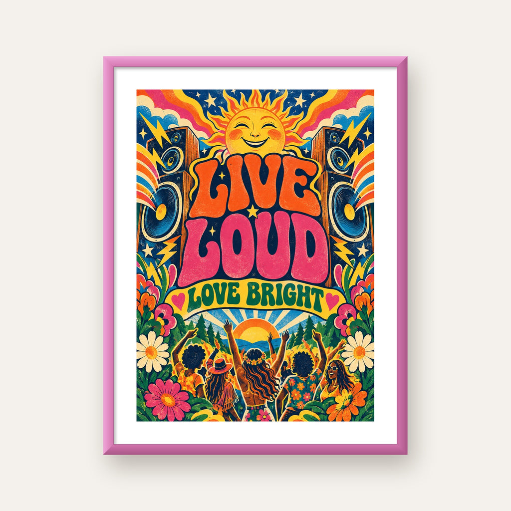 Renkli Festival ve Müzik Posteri – Retro Enerjik Duvar Dekoru — pembe çerçeveli paspartulu