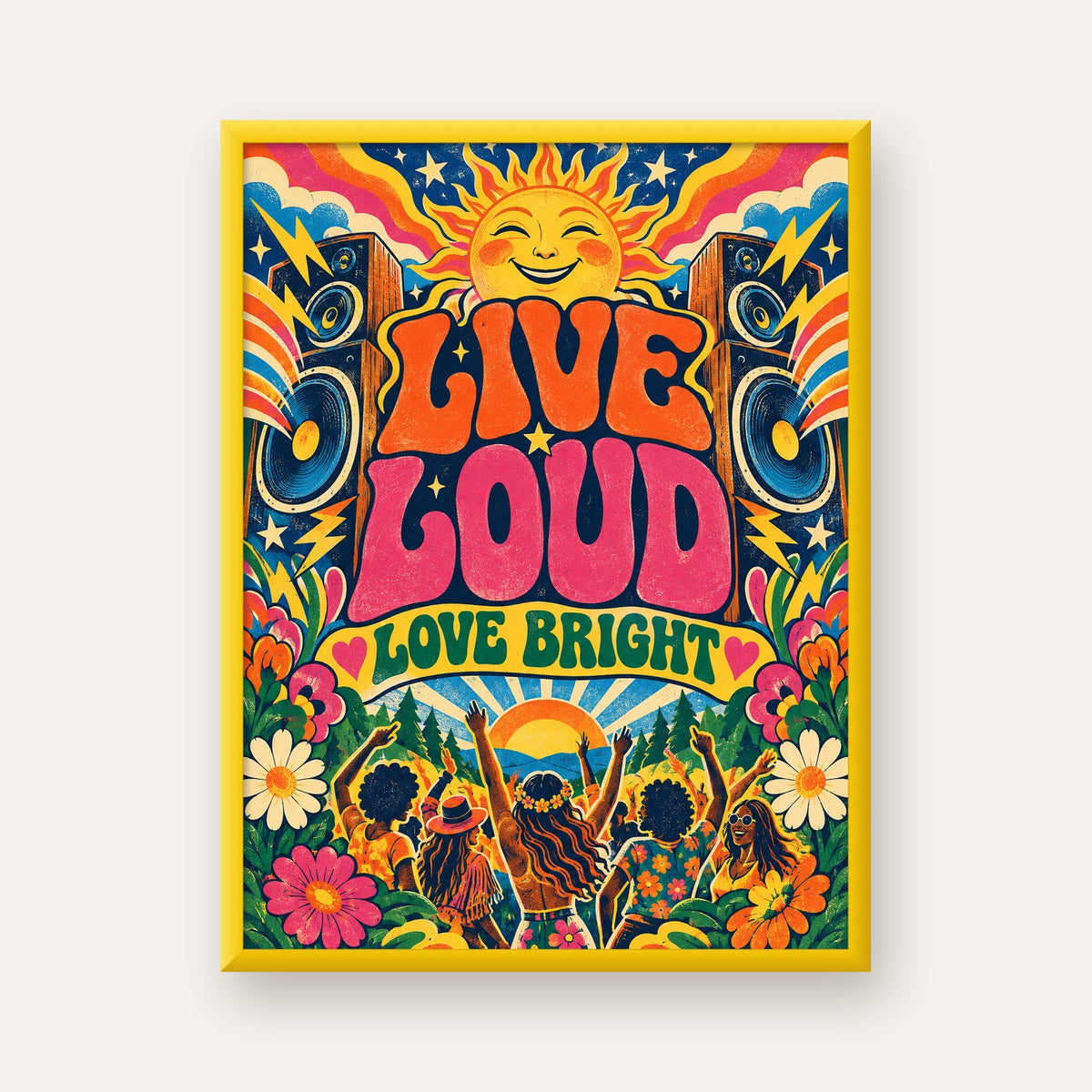 Renkli Festival ve Müzik Posteri – Retro Enerjik Duvar Dekoru — sarı çerçeveli