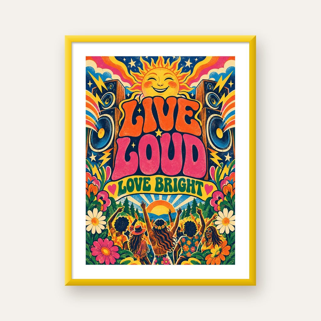Renkli Festival ve Müzik Posteri – Retro Enerjik Duvar Dekoru — sarı çerçeveli paspartulu