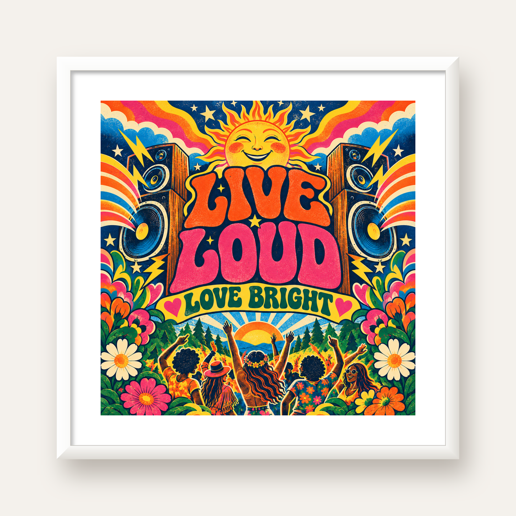 Renkli Festival ve Müzik Posteri – Retro Enerjik Duvar Dekoru — beyaz çerçeveli kare poster