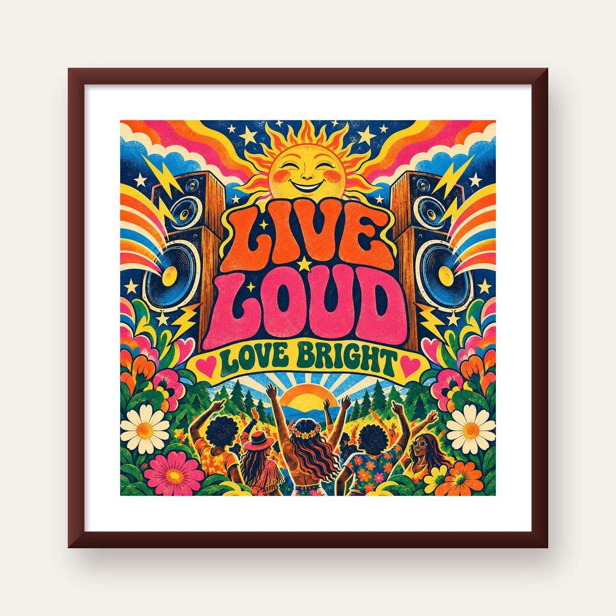 Renkli Festival ve Müzik Posteri – Retro Enerjik Duvar Dekoru — ceviz çerçeveli paspartulu