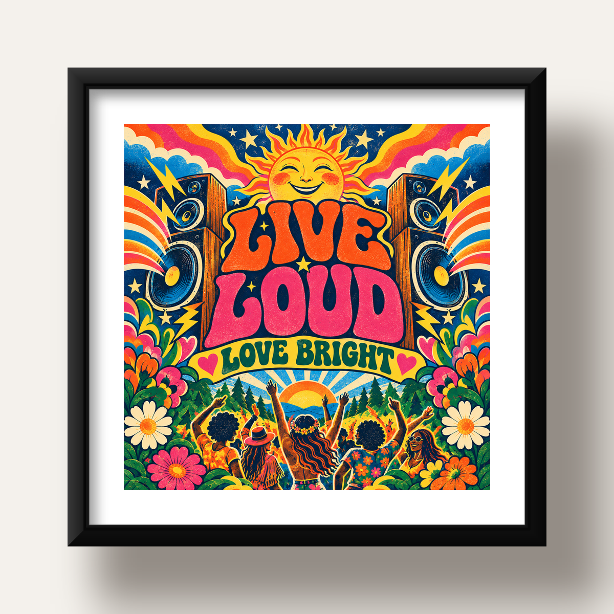 Renkli Festival ve Müzik Posteri – Retro Enerjik Duvar Dekoru — siyah derin çerçeveli paspartulu