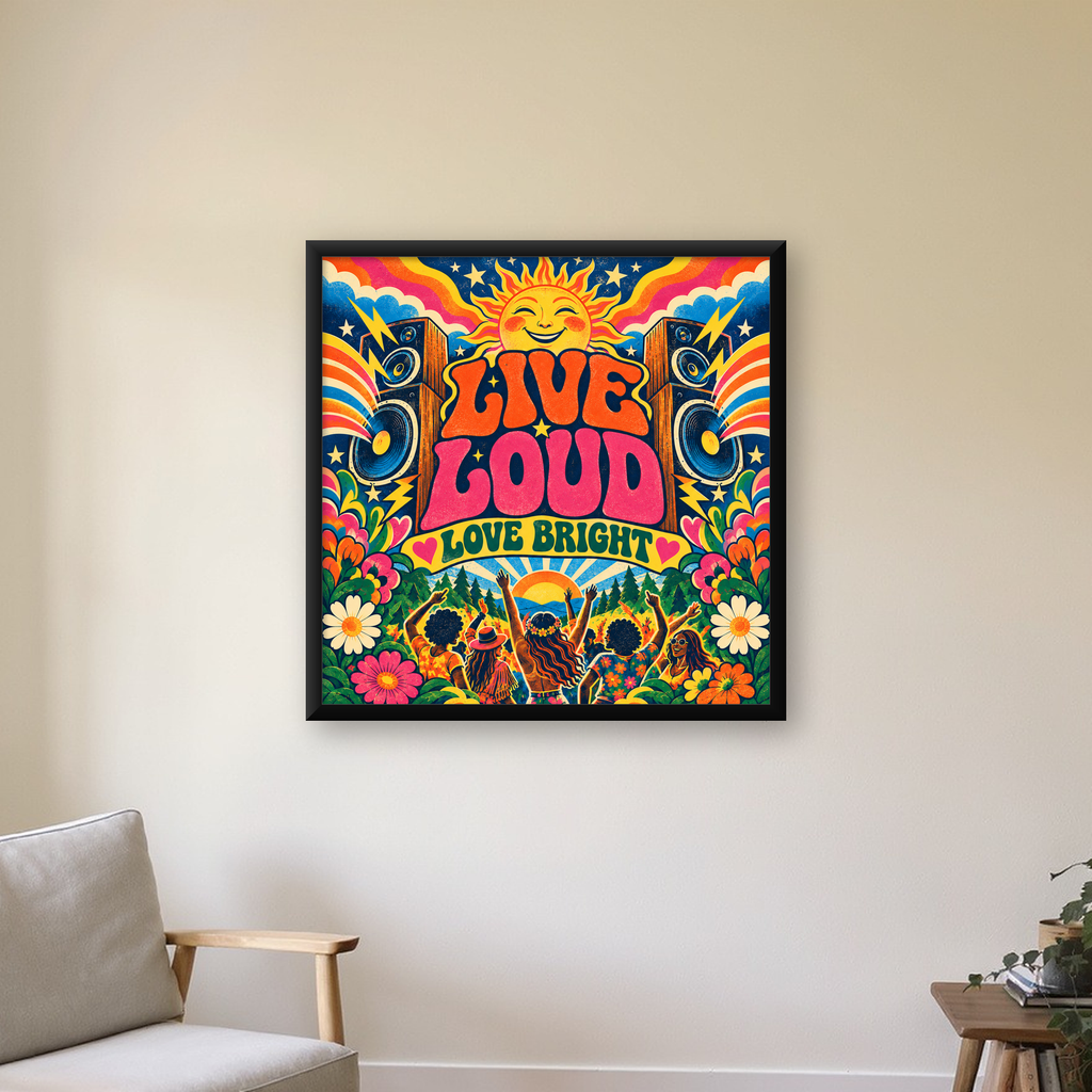 Renkli Festival ve Müzik Posteri – Retro Enerjik Duvar Dekoru — Kare baskı, çerçeveli hâliyle bir ev duvarında