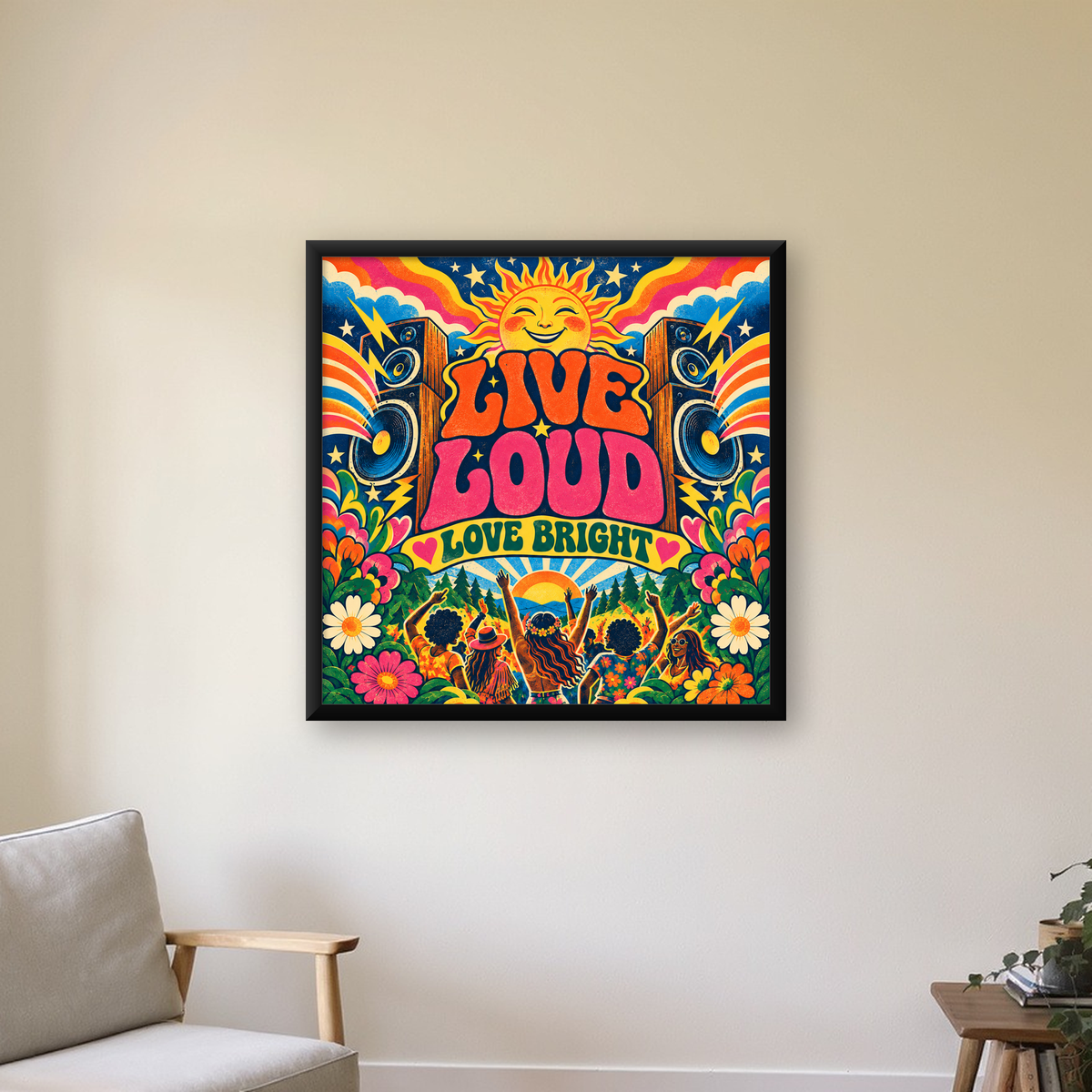 Renkli Festival ve Müzik Posteri – Retro Enerjik Duvar Dekoru — Kare baskı, çerçeveli hâliyle bir ev duvarında