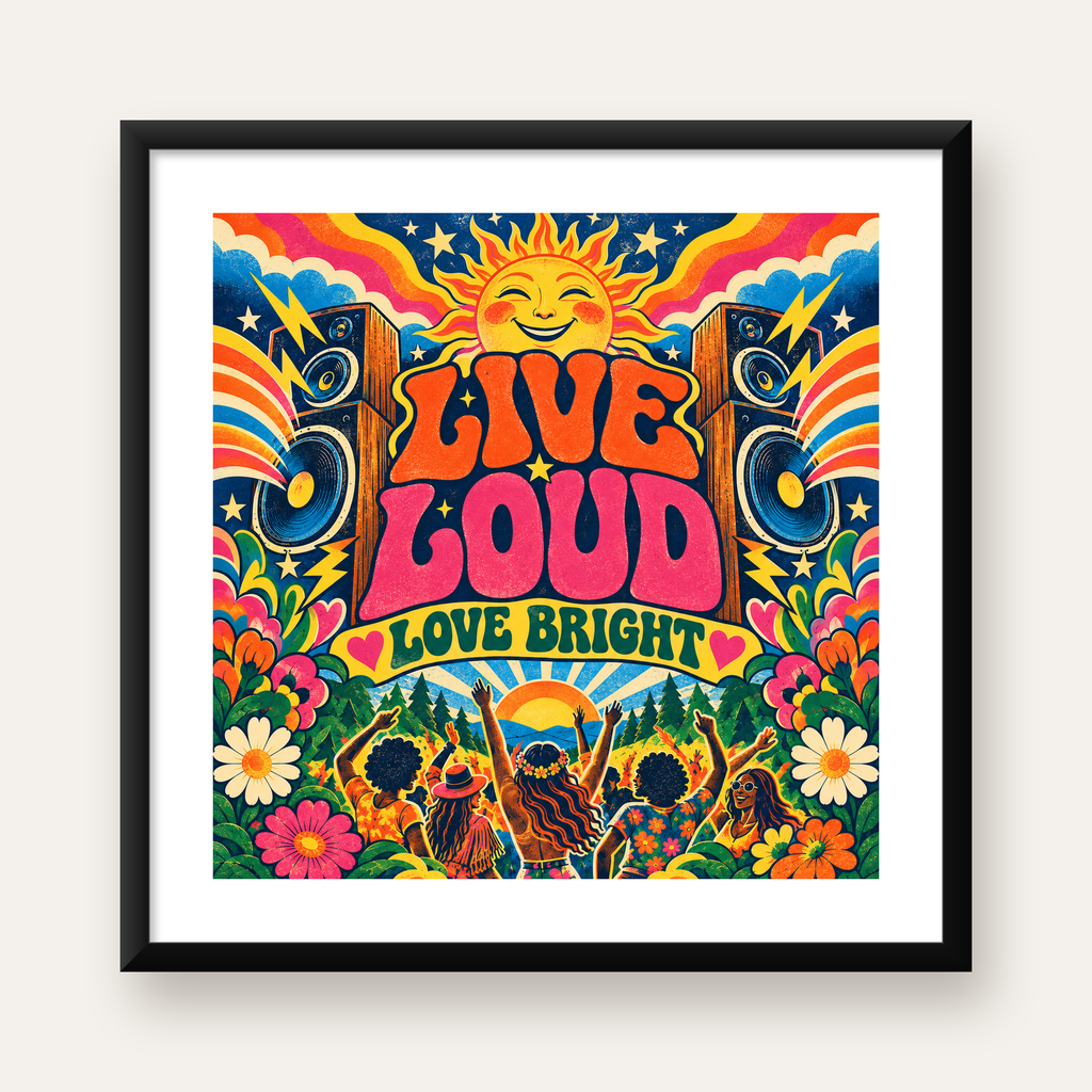 Renkli Festival ve Müzik Posteri – Retro Enerjik Duvar Dekoru — Kare baskı, beyaz paspartulu
