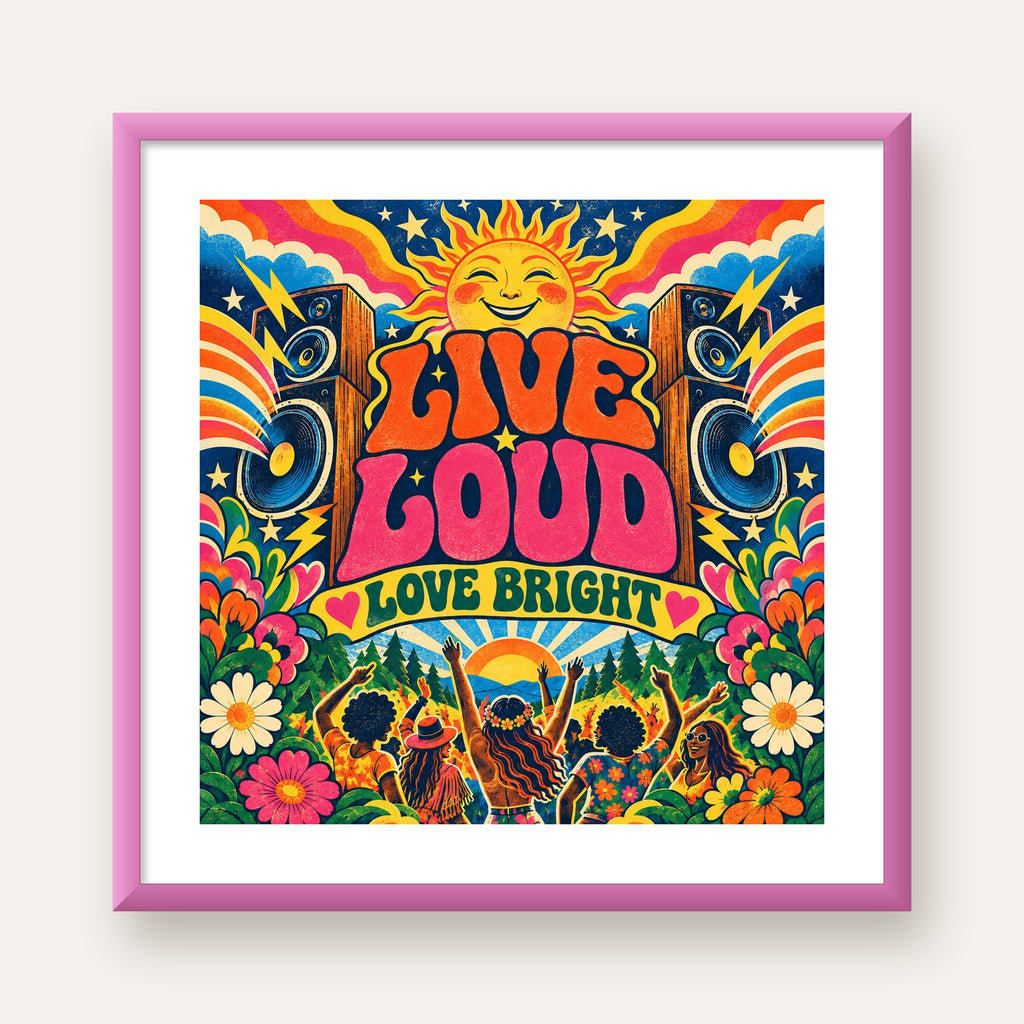 Renkli Festival ve Müzik Posteri – Retro Enerjik Duvar Dekoru — pembe çerçeveli paspartulu