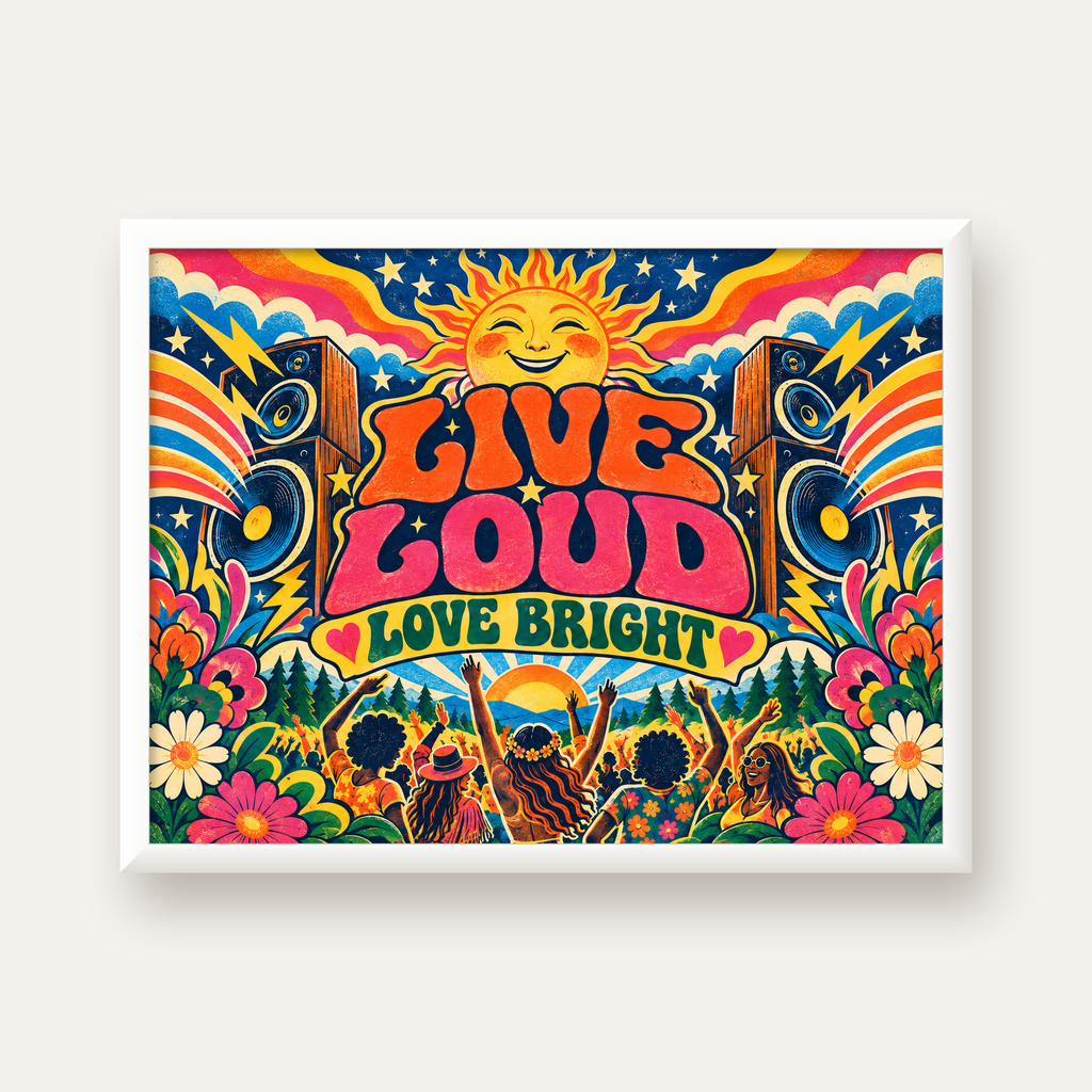 Renkli Festival ve Müzik Posteri – Retro Enerjik Duvar Dekoru — beyaz çerçeveli yatay poster