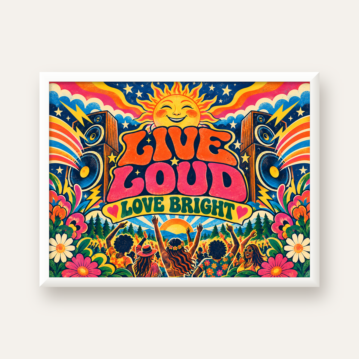 Renkli Festival ve Müzik Posteri – Retro Enerjik Duvar Dekoru — beyaz çerçeveli yatay poster