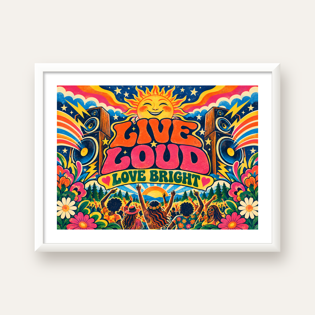 Renkli Festival ve Müzik Posteri – Retro Enerjik Duvar Dekoru — beyaz çerçeveli yatay poster