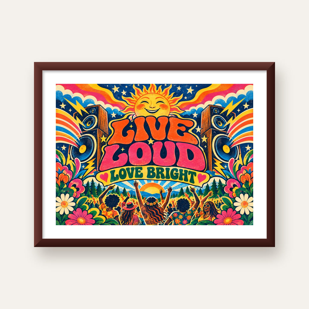 Renkli Festival ve Müzik Posteri – Retro Enerjik Duvar Dekoru — ceviz çerçeveli paspartulu