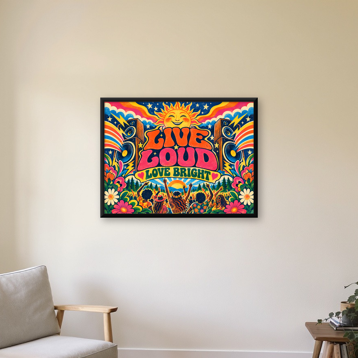 Renkli Festival ve Müzik Posteri – Retro Enerjik Duvar Dekoru — Yatay baskı, çerçeveli hâliyle bir ev duvarında