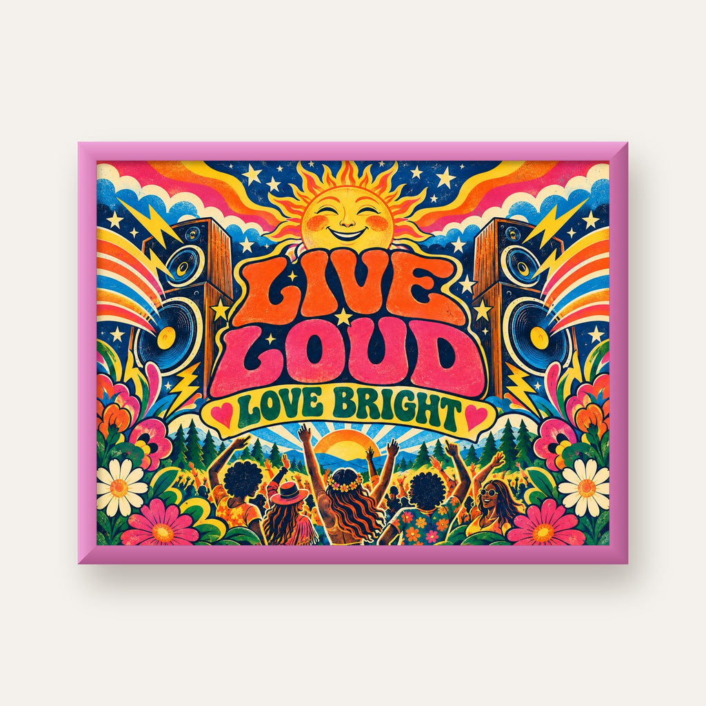 Renkli Festival ve Müzik Posteri – Retro Enerjik Duvar Dekoru — pembe çerçeveli
