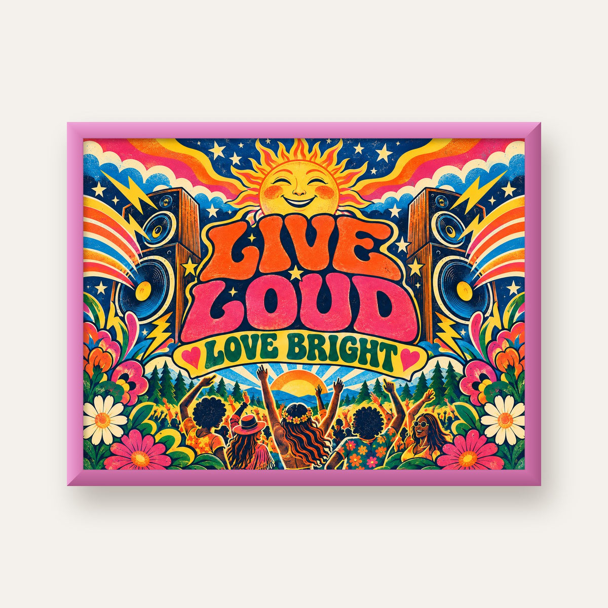 Renkli Festival ve Müzik Posteri – Retro Enerjik Duvar Dekoru — pembe çerçeveli