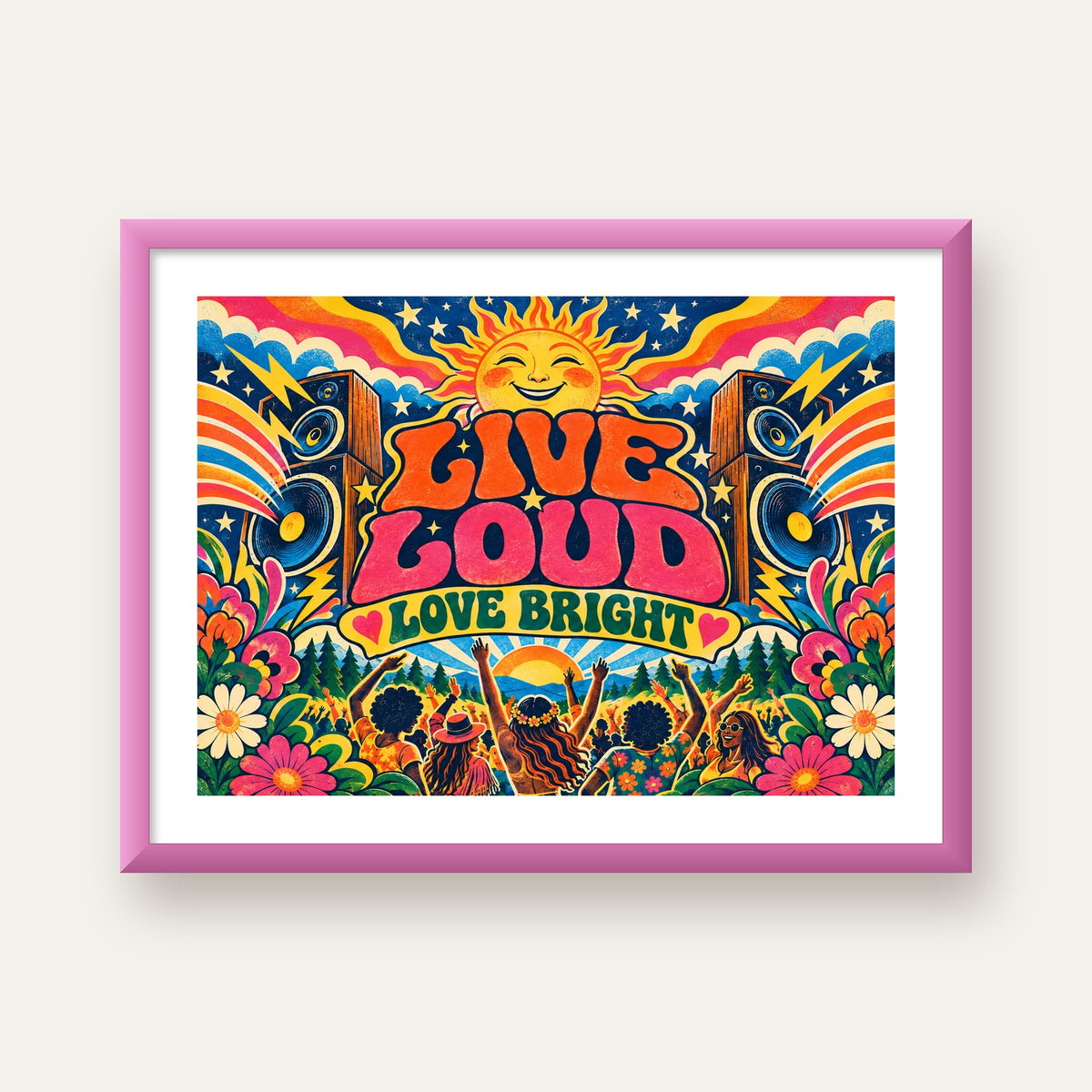 Renkli Festival ve Müzik Posteri – Retro Enerjik Duvar Dekoru — pembe çerçeveli paspartulu