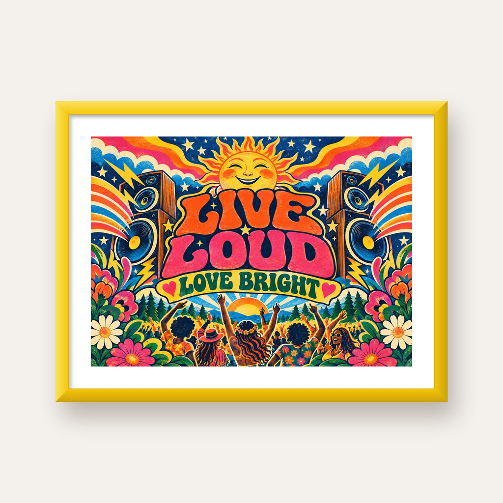 Renkli Festival ve Müzik Posteri – Retro Enerjik Duvar Dekoru — sarı çerçeveli paspartulu
