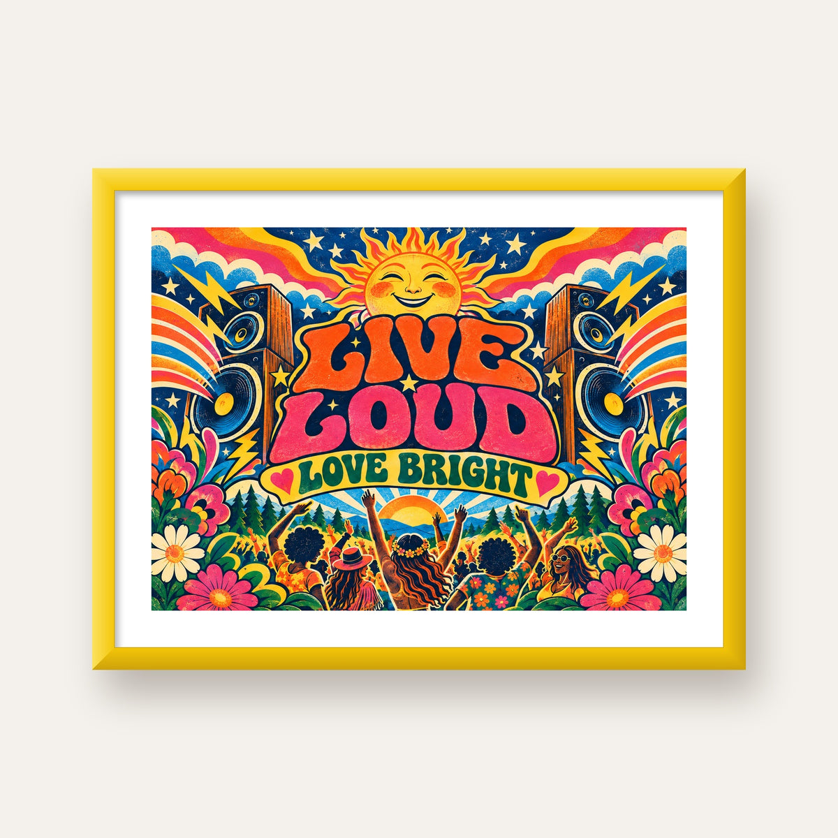 Renkli Festival ve Müzik Posteri – Retro Enerjik Duvar Dekoru — sarı çerçeveli paspartulu