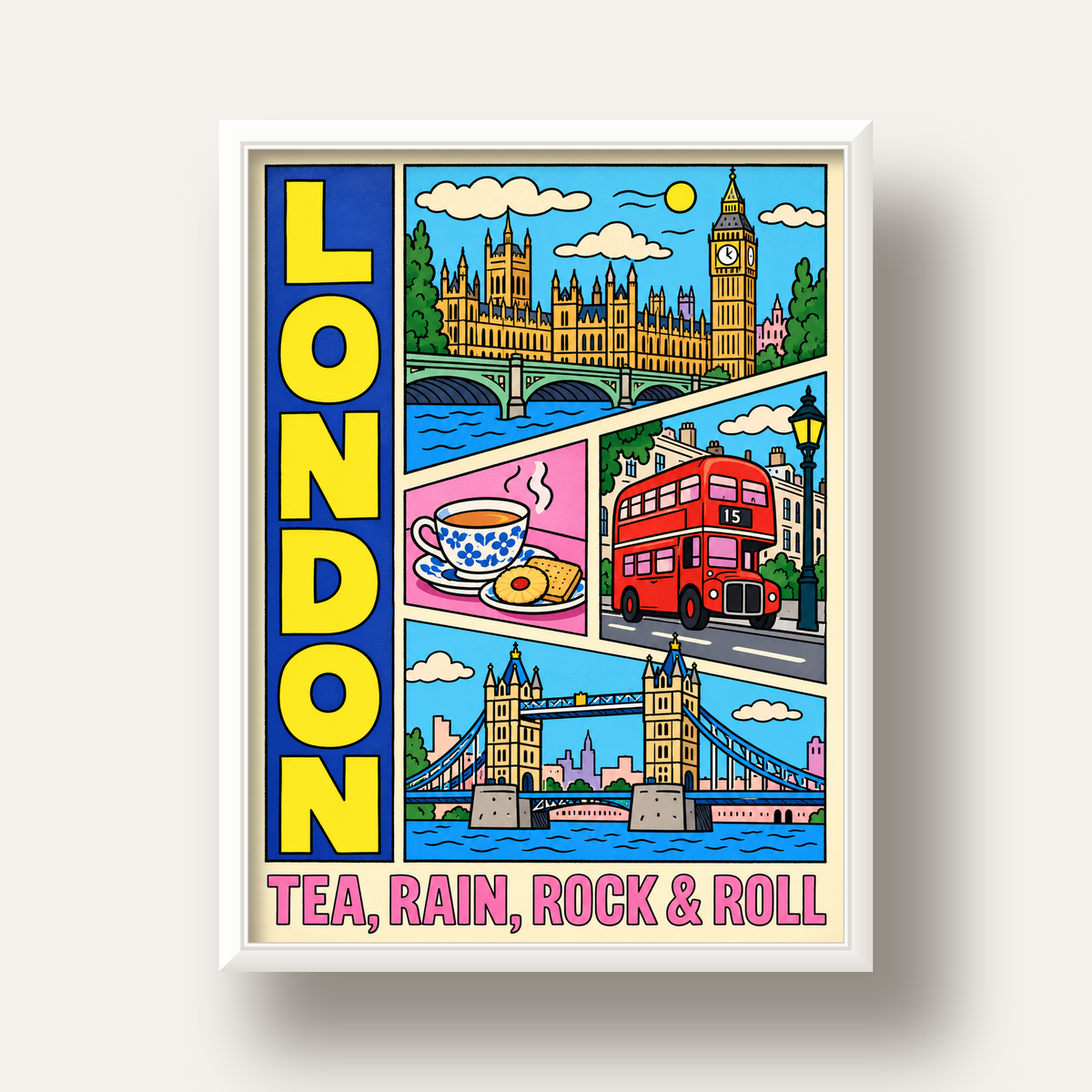 Londra İllüstrasyonu Çizgi Roman Poster – Pop-Art Sanat Baskısı — beyaz derin çerçeveli