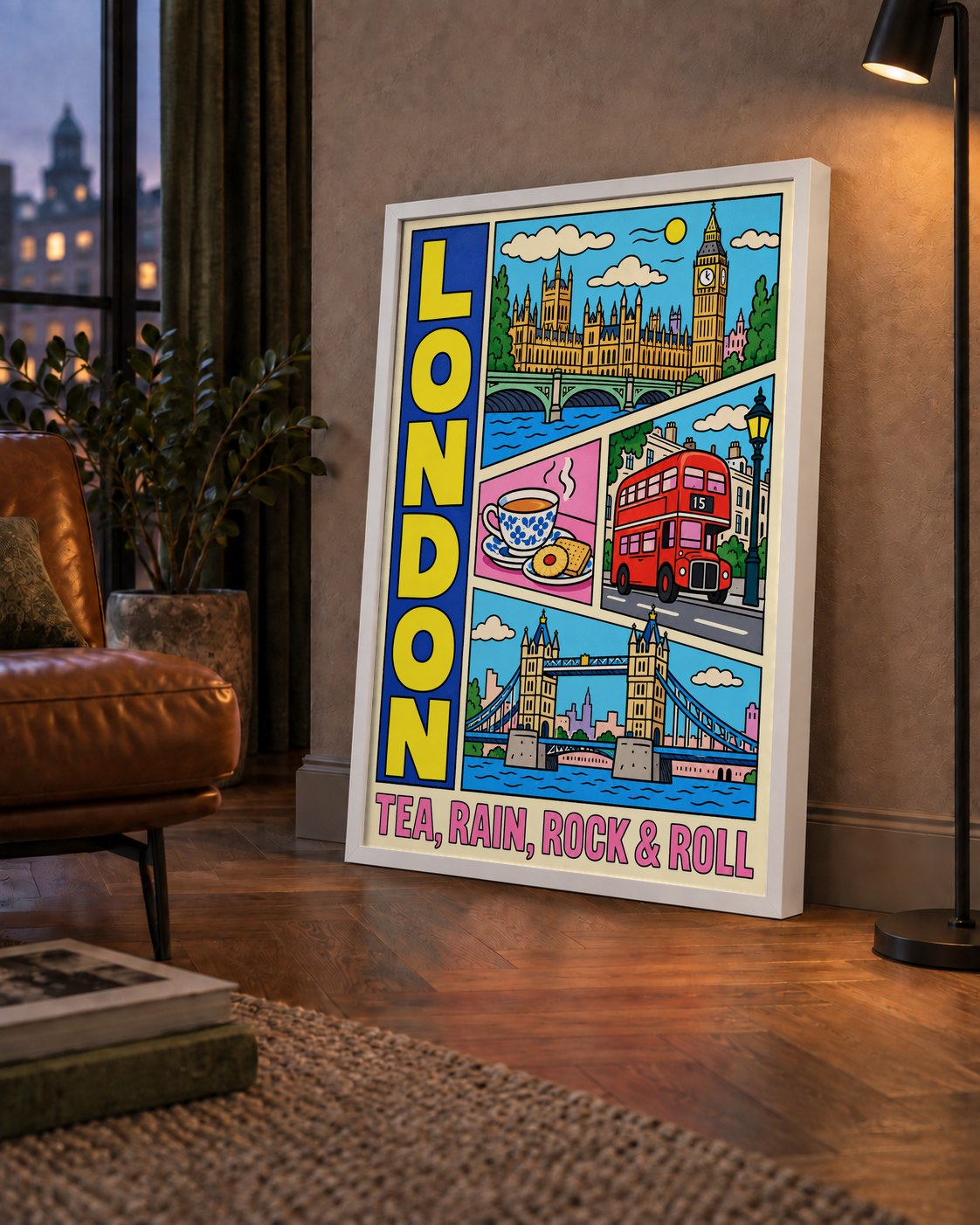 Londra İllüstrasyonu Çizgi Roman Poster – Pop-Art Sanat Baskısı — çerçeveli hâliyle bir ev duvarında