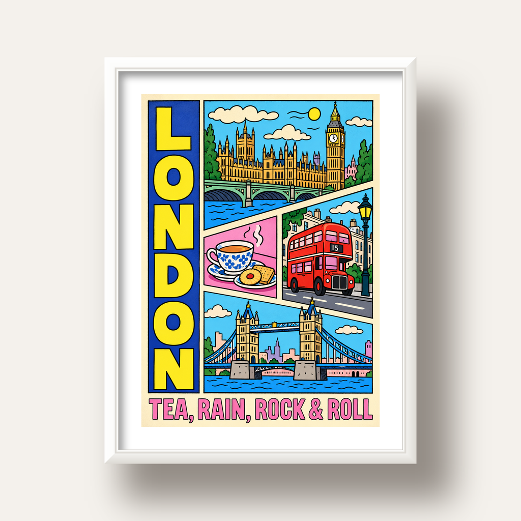 Londra İllüstrasyonu Çizgi Roman Poster – Pop-Art Sanat Baskısı — beyaz derin çerçeveli paspartulu