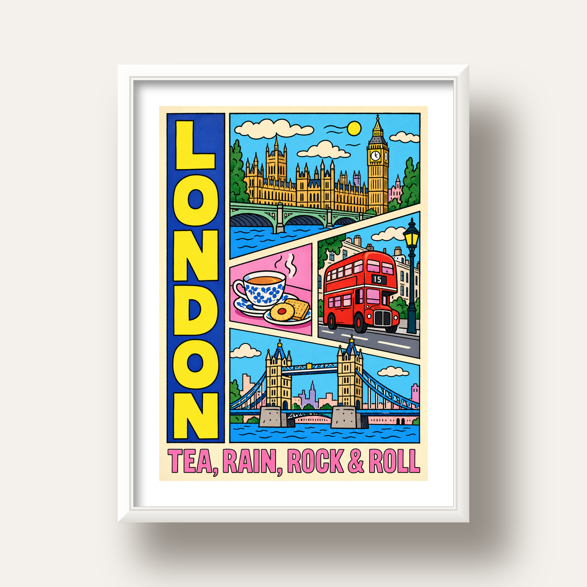 Londra İllüstrasyonu Çizgi Roman Poster – Pop-Art Sanat Baskısı — beyaz derin çerçeveli paspartulu