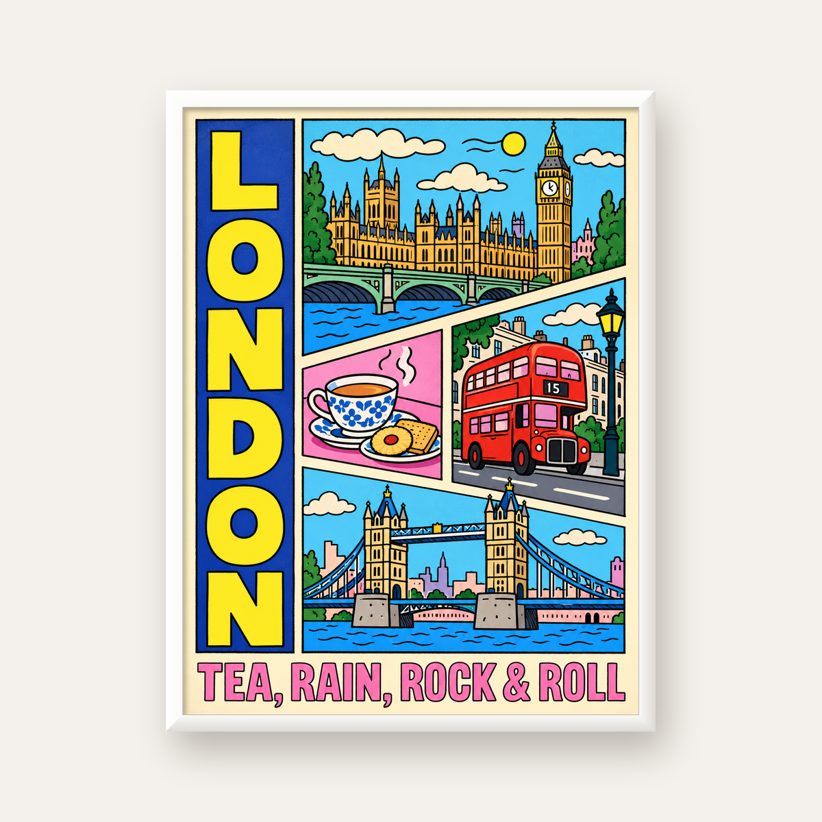 Londra İllüstrasyonu Çizgi Roman Poster – Pop-Art Sanat Baskısı — beyaz çerçeveli dikey poster