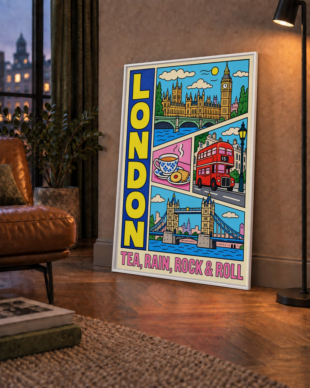 Londra İllüstrasyonu Çizgi Roman Poster – Pop-Art Sanat Baskısı — çerçeveli hâliyle bir ev duvarında