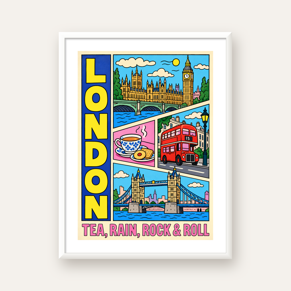 Londra İllüstrasyonu Çizgi Roman Poster – Pop-Art Sanat Baskısı — beyaz çerçeveli dikey poster